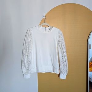 Anthropologie White Eyelet Sleeve Crew Neck Sweater